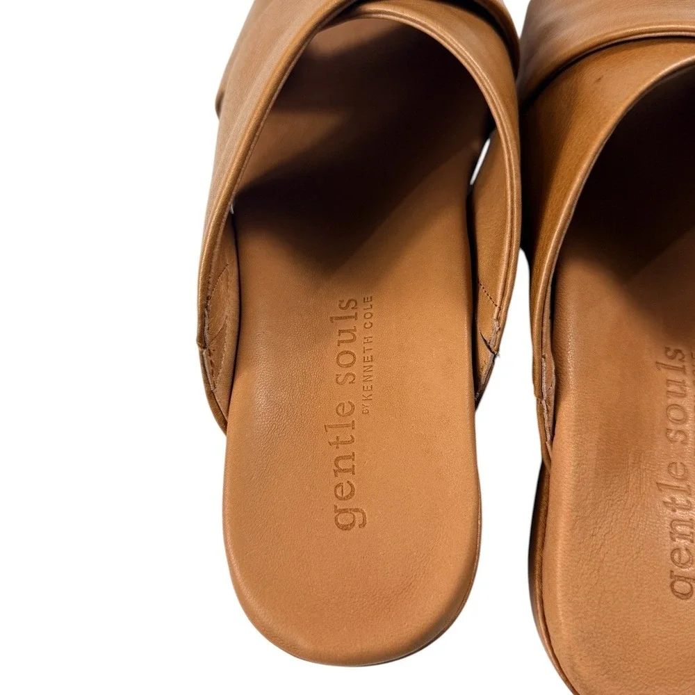 Gentle Souls Mikenzie Wedge Sandals Womens 9.5 Cognac Leather X-Strap
